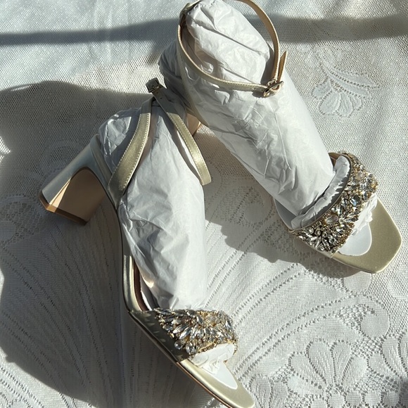 Badgley Mischka Marsha, Block Heel Rhinestone Sandals in Ivory Satin - Picture 8 of 14